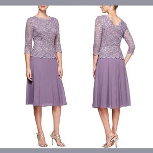 NWT ALEX EVENINGS [ 6 ] Sequin Lace Mock Midi Cocktail Dress in Icy Orchid‎